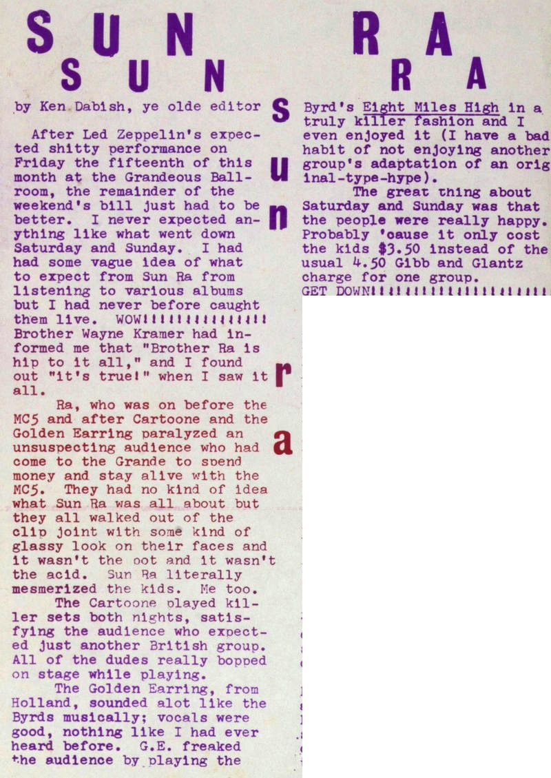 Ann Arbor Sun show review for May 1969 Grande Ballroom shows